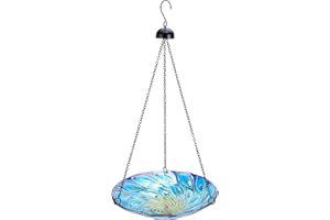 Mumtop 11 Inch Hanging Glass Bird Bath with Peacock Outdoor Bird Feeder for Garden Yard Decoration