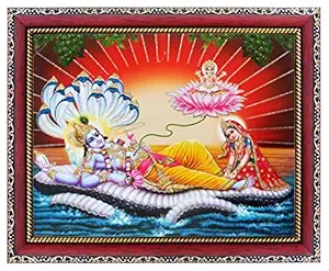 KHANNA Vishnu laxmi/Lakshmi ji on sheshnag with Brahma ji on Lotus Photo Frame for Wall Hanging/Gift/Temple/puja Room/Home Decor Golden Frame with Acrylic Sheet (Glass) for Worship