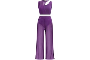 FYMNSI Women Lyrical Dance Costumes Cut Out Sleeveless Crop Top with Wide Leg Trousers Set for Stage Performance