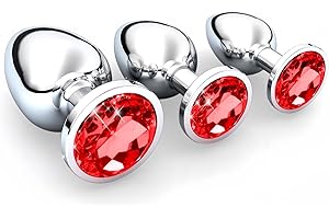 CHARMCHIC 3 Piezas Plug Anal Metálico, Plug Anales, Butt Plug con Diamantes, 3 Tamaños Diferentes para Mujeres, Parejas, Hombres, Pequeño Mediano Grande, Rojo