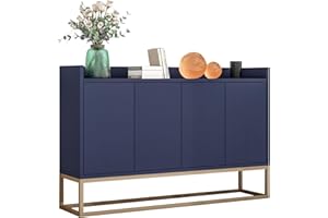 BHFFTHK Cómoda de 120 cm de ancho, moderno armario de buffet con 4 puertas, cómoda con estante ajustable y patas de metal para salón y comedor, cocina, azul marino