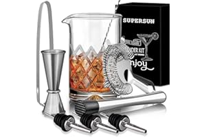 SUPERSUN 9 Stück Mixingglas/Rührglas für Cocktails, Cocktail Mix Set mit 500ml Bleifreiem Glas, Sieb, Muddler, 3 Flaschenausgießer, Löffel, Jigger, Eiszange