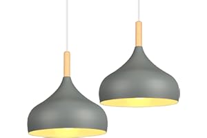 iDEGU Hängelampe Retro 24cm Hängeleuchte Moderne Skandinavisch E27 Deckenleuchte aus Metall Holz Pendelleuchte für Schlafzimmer Esszimmer Küche Wohnzimmer (Grau, 2 Stücke)