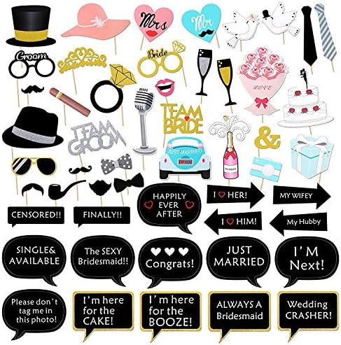 52 Count Wedding Photo Booth Props Kit with Sticks, Bridal Shower Decoration Supplies for Bachelorette Party