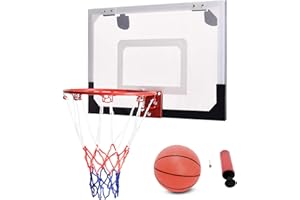 COSTWAY Kosz na baketę wewnątrz, mini kosz do koszykówki do drzwi i montażu na ścianie, obręcz do koszykówki dla dzieci, 46 x 30,5 cm, z piłką i pompką, pierścień do koszykówki dla dzieci i dorosłych