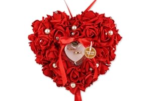 SWZY Coussin Alliance Mariage Rouge, Porte Alliance Mariage De Forme De Coeur, Boite Alliance Mariage avec Grosses Perles Et Strass, Decoration Mariage De Roses Romantiques, pour Saint Valentin, Mariage