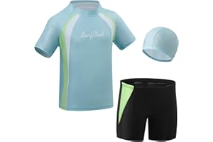 KAKU NANU 3 Pieces Maillot de Bain Enfant Garcon 3-11 Ans Anti UV Manches Courtes Bonnet Piscine Enfant Short de Bain