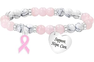 JunyiDIY Bröstcancerarmband, Rosa Band & Hjärtberlock Graverad Natursten Pärlstav Inspirerande Elastiska Smycken Uppmuntrande