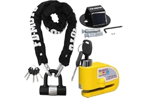 FD-MOTO 2.4KG Anti-Theft 1M*10mm Chain Lock Padlock + Alarm Brake Disc Lock Yellow + Ground Wall Anchor Heavy Duty for Motorbike Motorcycle Scooter Bike Bicycle ATV