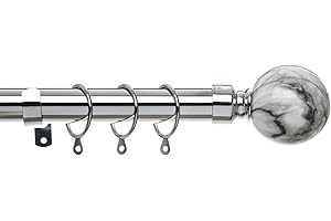 HOME TREATS Extendable Curtain Pole Marble | Chrome Metal Curtain Rail Pole Set 25mm | Includes Rings, Finials, Brackets & Fittings (Marble 40cm to 144cm)