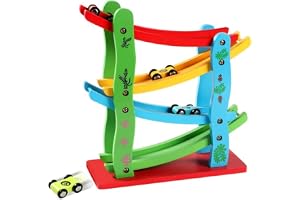 AM ANNA Wooden Car Ramp Racer Toy, Race Track Car Games with 4 Small Racers,Tabletop Montessori Toys for Kids Boys Girls Gifts