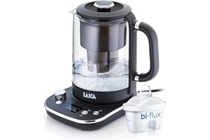 LAICA ISEO Bollitore Elettrico Filtro, Capacità 1,5L con Livelli di Temperatura Variabili + 1 Cartuccia Filtro Acqua Bi-flux® per Tè e Caffè, 2.5kw - Vetro, Nero