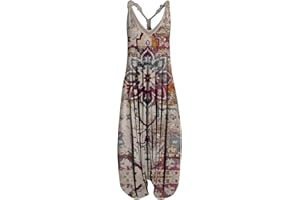 Ni_ka Boheme Combinaison Femme Chic sans Manche Col V Combishorts Sexy Dos Nu Combinal Pantalon Sarouel DéContractéE Salopette Retro Imprimee Jumpsuit Blanc Gris Taille S à 3XL