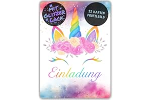 ‎CELEBR8TE celebr8te 12x Einhorn Glitzer Regenbogen Einladungskarten - Für den Kindergeburtstag von Mädchen - Einhorn Geburtstagseinladungen inkl. Messenger Bild & Urlaubsgutschein