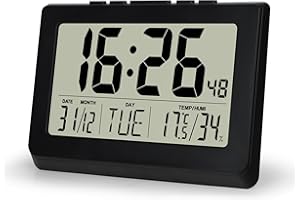 Lafocuse 10" Reloj de Pared Digital LCD Pantalla Grande, Silencioso Reloj Digital Pilas de Sobremesa con Temperatura, Humedad, Fecha, Alarma, Snooze, 12/24 Horas, para Salon Cocina Oficina, Negro
