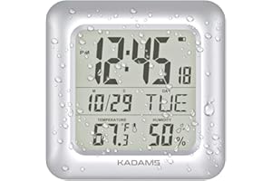 KADAMS Bathroom Digital Clock with Large LCD Screen - Shower Wall Clock with Timer - Water Resistant - Temperature & Humidity Display - Calendar Display - 4 Mounting Options Silver