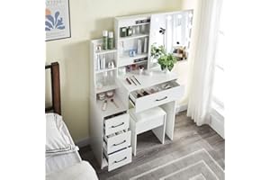 Puselo Vanity Desk with Mirror and Stool and Adjustable Lights, Makeup Vanity with Drawers and Chair, White Dressing Table for Girls (Modern03)