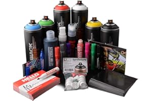KLAMOTTENSTORE Zestaw startowy do Graffiti, Street Art Workshop Atelier – Montana w sprayu wyciskacz Molotow Marker Hello My Name Sticker 200 naklejek Edding permanentne, wodoodporne, idealne dla początkujących