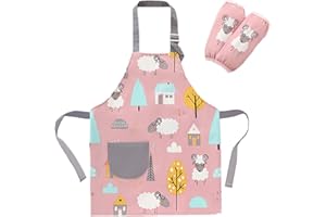 SUNNEKO delantal niño,delantal niña cocina 8 a 12 años delantal y gorro para niños Impermeable Infantil con Bolsillos para Niños Niñas Ajustable de Artista Chef Cocina Hornear Pintura Artesanía