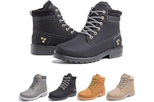 HITMARS Bottes Femme Bottines Plates Hiver Chaussure Chaudes Fourrure Bottines de Neige PU Cuir Botte Lacets Cheville Botte Randonnée Boots Noir Kaki Gris Rose 36-43 EU