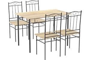 LafeuR Set da pranzo con tavolo da pranzo e 4 sedie, set di 5 pezzi, per sala da pranzo, cucina, soggiorno, faggio, colore a grana di legno + telaio nero, 109 x 69 x 75 cm