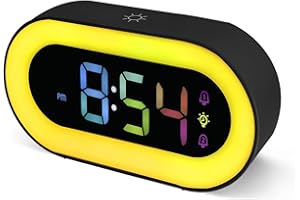 Seutgjie Sveglia Bambini, Sveglia Digitale da Comodino Ragazzi con Batteria USB Ricaricabile 2500mAh 9 RGB Luce Notturna Doppi Allarmi 18 Suonerie Modalità Snooze 12/24 ore Nero Regalo Natale