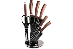 Berlinger Haus Rose Gold Juego Cuchillos Profesional 8 piezas, Acero Inoxidable Recubrimiento Antiadherente, Soporte Acrílico, Cocinero, Cebollero, Santoku, Chaira, Tijeras, Diseño Metallic (BH-2561)