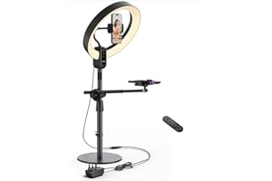 viozon Overhead Live Stand with 12" LED Ring Light, Outer 24W 6500K, Two Cellphone Holders Compatible with 3.5-6.7" Cellphones, Adjustable Height&Angle, Aluminum Alloy, for Live Stream/YouTube/TikTok
