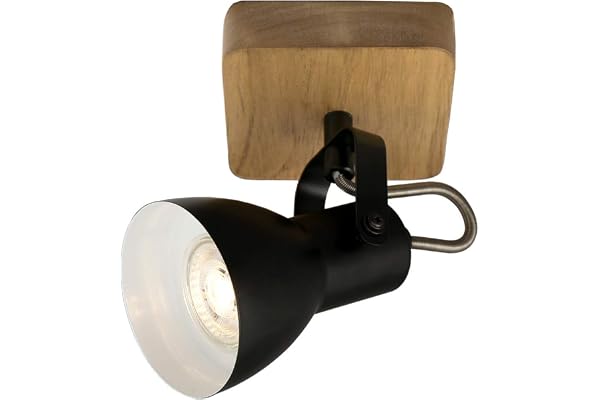 Briloner - Applique murale, spot mural, lampe murale rétro, vintage, spot rotatif et pivotant, 1x GU10, bois-métal, noir et blanc, 10x10x13,5cm (LxlxH)