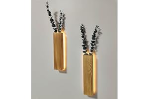 HANYUN 2 Stück Holz Wandvase mit LED Lichtern für Zimmerpflanzen, Künstlicher Eukalyptus Wandpflanzgefäße Fake Vines Wand Pflanzgefäße für Wohnzimmer, Badezimmer, Dekorationen Wanddeko Grünpflanzen