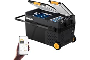 BougeRV CRD2 40L Glacière Portable à Double Porte Deux Zones avec Roues Congélateur Réfrigérateur à Compression 12/24V 220V pour Voiture Camping Voyage Bateau Contrôle APP -20~20°C (Poignée Aluminium)