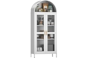 ‎SUPEER SUPEER Vitrine aus Metall Sideboard Standschrank mit Bogendach,Vitrinenschrank Küchenschrank mit 2 Glasstür, Glasvitrine Schrank für Wohnzimmer Schlafzimmer, 185x80x40 cm（weiß）