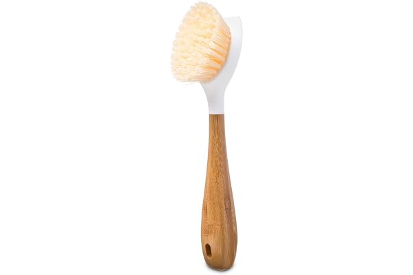 Full Circle Brosse à Vaisselle Be Good avec Manche en Bambou et Grattoir - Tête de Brosse Large et Poils en Nylon pour Poêles et Casseroles Antiadhésives et Vaisselle - 6,5 x 6 x 23,50 cm, Blanc