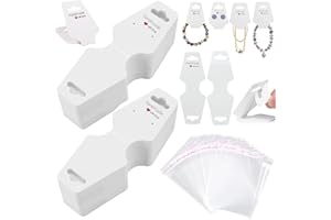 ICHOWHO 200 Pcs Jewellery Display Cards with Small Bag, Self-Adhesive Keyring Display Cards Kraft Paper Handmade Hanging Tags for Storing and Displaying Necklace Bracelet Earring Jewellery Hairbands (White)
