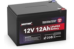 NASTIMA 12V 12Ah LiFePO4 144Wh Wiederaufladbare Batterie Mit BMS-Schutz und 4000 Deep-Cycle Wartungsfrei, Geeignet für Solarpanel-Kits, Kinderwagen, Wohnmobile, Boote, Camping, Fischfinder