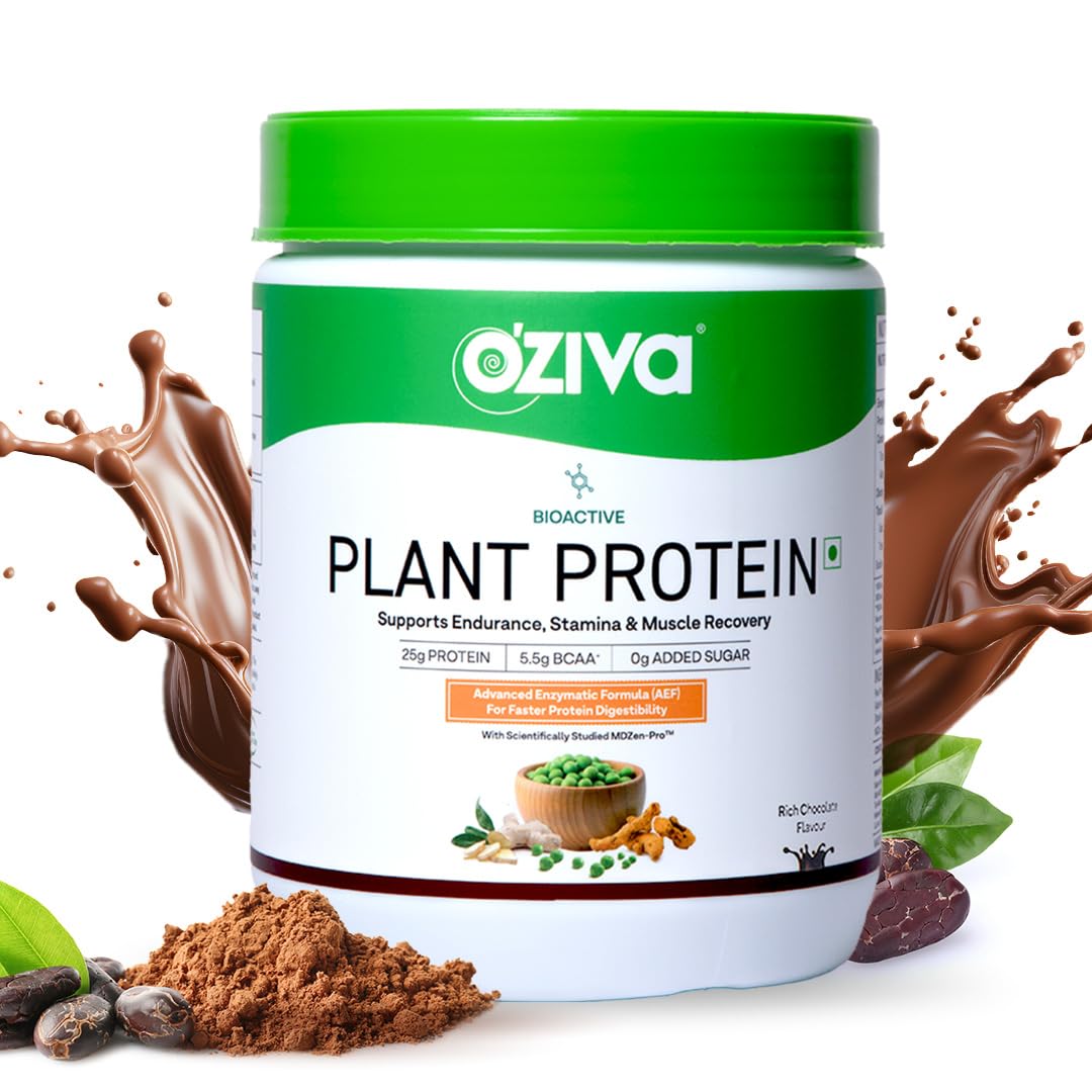 OZiva Bioactive Plant Protein (Chocolate) | 25g Protein,5.5 BCAA| Pea Isolate| Plant based Protein Powder for Women & Men | E