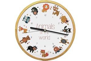 HOLZWERK GERMANY Holzwerk Natur Kinderwanduhr Kinder Wanduhr Jungen Mädchen Fuchs Löwe REH Delphin Schildkröte Tiere Motiv Holz lautloses Uhrwerk ohne tickgeräusche lautlos (Bunt.Tiere.Kinder..)