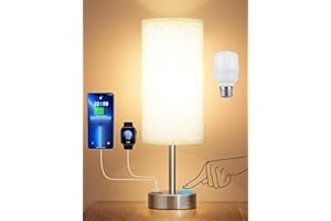 kakanuo Lampada da Comodino Touch Dimmerabile, Abat jour da Comodino con Porte di Ricarica USB C+A, Paralume in Lino Bianco, Lampada da Tavolo per Camera da Letto Soggiorno