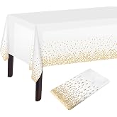 PLULON White and Gold Polka Dot Tablecloth White and Gold Table Cover 54 x 108 Inch Rectangular Plastic Table Cover for White