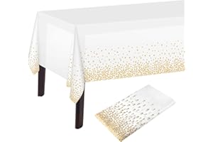 PLULON Tovaglia a pois bianchi e dorati Copritavolo bianco e oro 137 x 274 cm Copritavolo rettangolare in plastica per decorazioni da tavola bianche e dorate per feste di compleanno