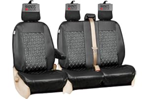 RHINOS AUTOSTYLING Tailored Ford Transit Custom Seat Covers 2013-2023 Driver & Double Passenger with Tray Flap & Arm Rest Heavy Duty Waterproof Polyester Nylon Leather Quilted Diamond (Leather Black Diamond Quilted)