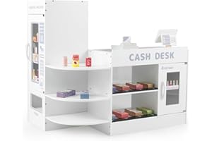 COSTWAY Pretend Play Shop, Kids Supermarket Playset with Vending Machine, Scanner, 13 Food Toys, Wooden Role Play Grocery Store for Children Ages 3+ (White)