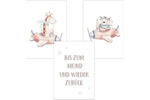 Olgs Kinderzimmer 3er Poster Bilder Set | Deko Wandbilder | Bilder Wandposter DIN A4 | Flugstunde Bis zum Mond und wieder zurück | Wanddeko für Babyzimmer | Tiere: Giraffe, Bär