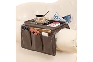 JIAHG Sofa Armrest Organiser with Tray, Couch Caddy Arm Rest Storage Bag Pouch Remote Control Holder Chair Armchairs Bedside Pockets Sofa Tidy Table Space Saver for Phone Glasses Magazines Newspaper