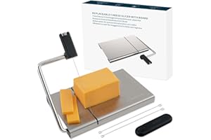 KITCHENDAO Replaceable Wire Cheese Slicer with Board and Measuring Grids,Tightness Adjustable Cheese Slicer, Stainless Steel Metal Cheese Cutter for Block Cheese, Dishwasher Safe, with 2 Extra Wires