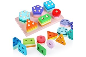 TNOMSNO Giochi Montessori, 24 Pezzi di Forme Geometriche Ordinamento e Impilamento Block Board, Giocattoli in Legno Impilabili e Abbinabili per Bambini, Regalo giocattolo per bambini 2 3 4 5 6