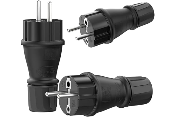 RedStar24 - Prise Mâle 220V IP54 | Fiche de Protection Robuste en Caoutchouc & Plastique, Noir | Parfait pour l’Extérieur | Prise Électrique à 3 Broches | Set de 3 Fiches Mâles Schuko