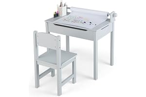 GYMAX Kids Desk and Chair Set, Wooden Children Art Table with Storage Space, Paper Roll and Markers, Lift-up Tabletop Design, Toddler Study Desk Set for 3 Years Old + Boys Girls (Grey)