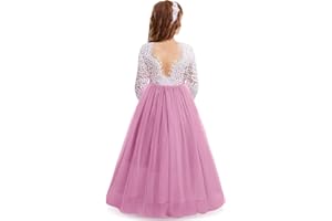 IWEMEK Cils Dos Nu V-Back Dentelle Tulle Maxi Robe Manche Longue Fille Mariage Honneur Robes de Bal Ceremonie Première Communion Soirée Anniversaire Fête Robes pour Enfants