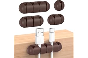 UNBREAKcable Clips de Support de câble de Bureau, Lot de 5 Attaches de câble réglables en Silicone, Gestion de Fil adhésif pour câble de Charge USB/Fil de Souris PC/Écouteur/Bureau/Maison (Brun)
